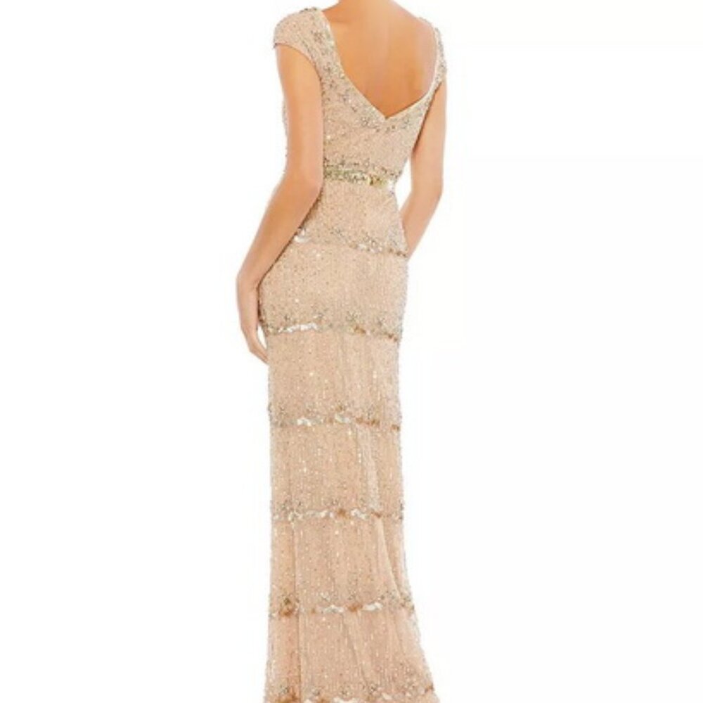 Mac Duggal Nude Beige Gold Cap Sleeve Embellished Column Gown - Picture 3 of 5